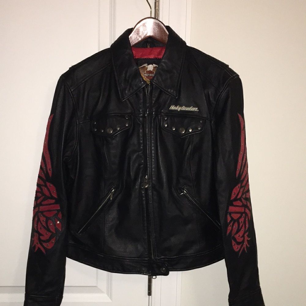 HARLEY DAVIDSON WOMENS SANTA CRUZ Black LEATHER JACKET suede eagle print sleeves